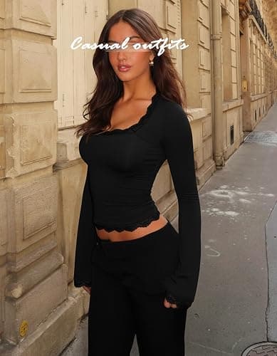 Navneet Women Lace Top Sexy Going Out Tops Square Neck Long Sleeve Crop Tops Y2K Top Party Club Festival Outfits Autumn thumbnail 3
