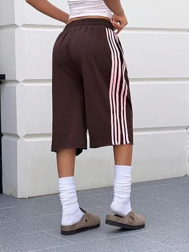 Faretumiya Women Baggy Capri Sweatpants Side Stripe Bermuda Shorts | Y2k Camouflage Knee Length Shorts Striped Drawstring Waist Wide Leg Long Sweat Shorts Athletic Lounge Streetwear thumbnail 4