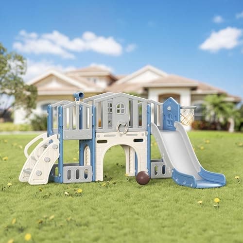 8 in 1 Toddler Slide Set, Kids Slide for Toddlers Age 1-3, Toddler Climber Slide PlaySet with Basketball Hoop and Ball, Outdoor Indoor Kids Playground for Toddlers 1-3, Blue Grey thumbnail 3