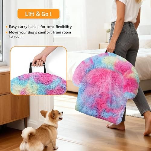 GGIB Calming Dog Bed Fluffy Plush Dog Mat for Furniture Protector with Removable Washable Cover for Large Medium Small Dogs and Cats (Extra Large (53x39.3x6), Rainbow) thumbnail 3