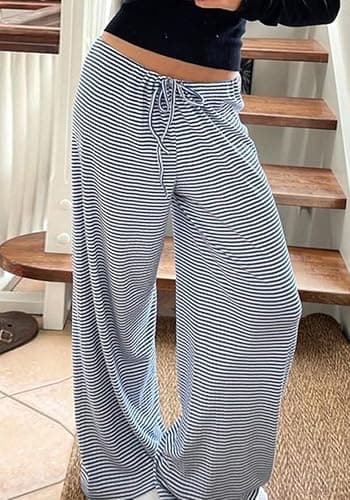 Pnahip Women's Comfy Pajama Loose Casual Drawstring Lounge Pants - Striped Print Stretch Wide Leg thumbnail 2
