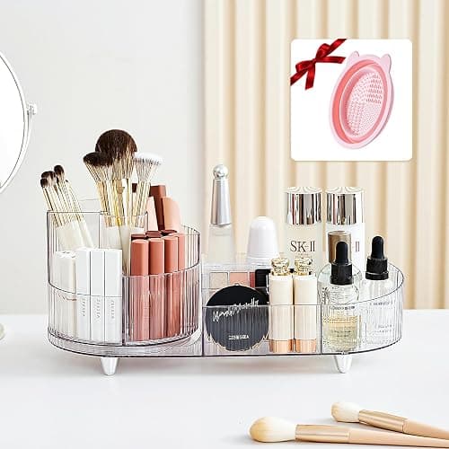 BULLA Makeup Organiser, 360 Rotating Makeup Organiser, Rotating Compartment 2 In 1 Cosmetic Storage, Makeup Organizer Storage Is Perfect for Dresser, Bathroom, Bedroom (Crystal Clear) - Image 1