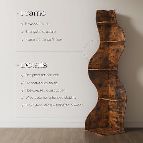 YOWOS Modern Corner Shelf, 5 Tier High Corner Bookshelf for Small Spaces, Scalloped Corner Bookshelf and Storage, Wooden Display Stand for Plants, Books and Decorations (Rustic) thumbnail 9