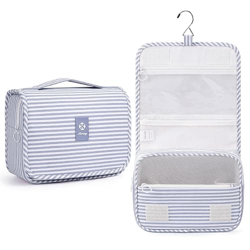 Narwey Small Hanging Toiletry Bag for Travel Women Girl, Striped Toiletries Travel Bag with Hook, Hanging Makeup Bag Organizer Make Up Cosmetic Bags, Gifts for Kids Teen (Greyish Blue Stripe) - Image 1