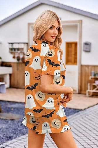 Womens 2 Pieces Halloween Satin Pajama Sets Floral Print Buttoned Short Sleeve Top Shorts Lounge Set thumbnail 4