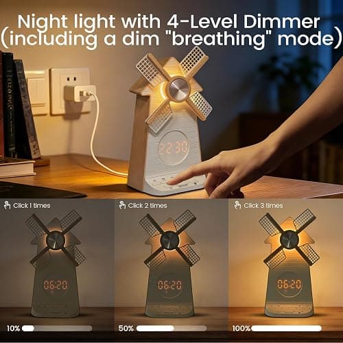 Sunrise Alarm Clock with Rotating Windmill, Easy Snooze Wake Up Light, 10 Natural Sounds & 10 White Noises, 4-Level Dimmer Bedside Night Light with 30/60/90 Min Timers, Sleep Aid Gift for Adults/Kids thumbnail 7
