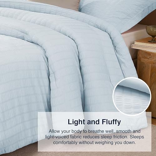 Quataly SkyBlue Queen Comforter Set - 3 Pieces Seersucker Lightweight Bedding Comforter Sets (1 Soft Fluffy Comforter & 2 Pillowcases) - All Seasons Cozy Modern Bed Sets thumbnail 4