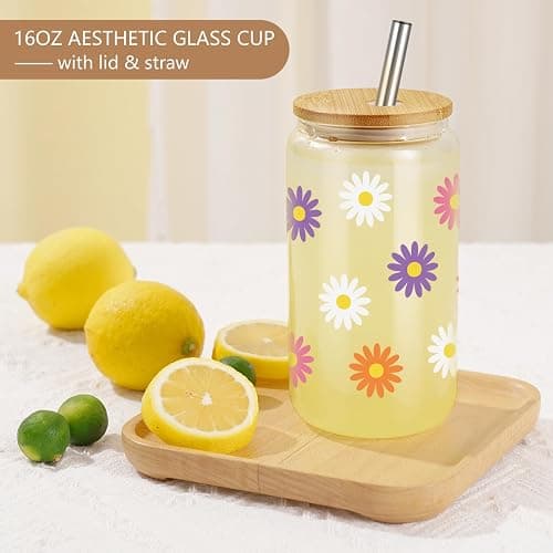 GSPY Daisy Aesthetic Gifts, Iced Coffee Cup, Cute Glass Cups with Lids and Straws - Cute Mugs, Flower Mug, Glass Tumbler - Retro, Christmas, Birthday Gifts for Women, Coffee Lovers, Friend, Girls, Mom thumbnail 6