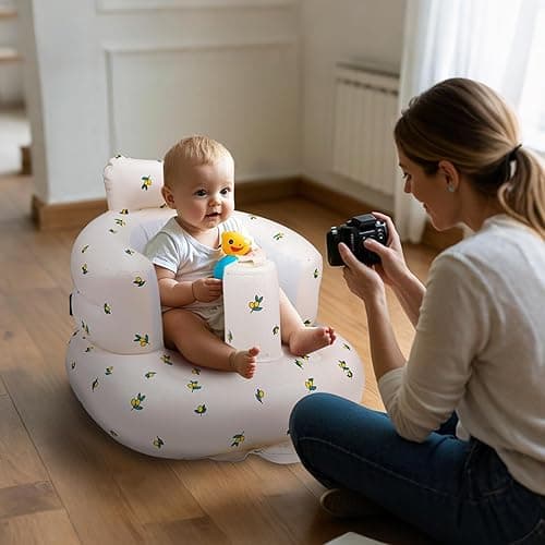 AirSwim Inflatable Baby Seat, Inflatable Baby Chair for Babies 3 Months and Up, Summer Blow Up Chair with Built in Air Pump, Infant Floor Sofa for Learning to Sit, Palying, Camping, Orange - Orange thumbnail 9