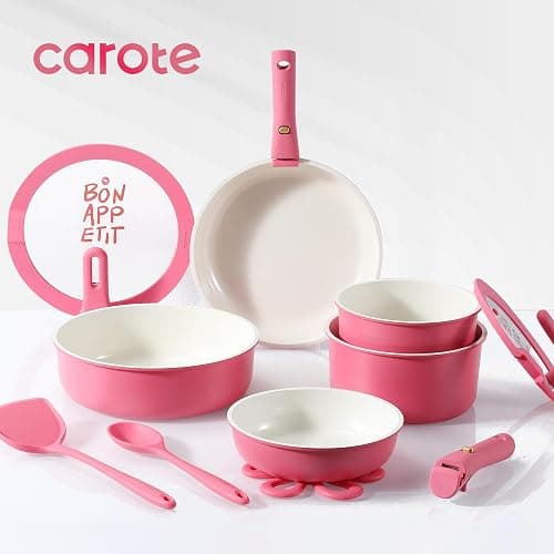 CAROTE 18Pcs Ceramic Cookware Set with Detachable Handle, Pots and Pans Set Non Stick, Non Toxic Kitchen Cooking Sets with Stand-Up Lid, PFAS and PFOA Free, Oven Safe, Induction Ready, Pink thumbnail 4