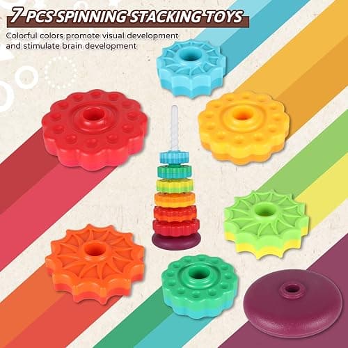 JUXUE Spinning Toy, Rainbow Stacking Toys for Toddlers 1-3, Ring Stacker Baby Toys 6 to 12 Months, 1 One Year Old Girl Boy Christmas Birthday Gifts, Montessori Autism Sensory Toy thumbnail 2