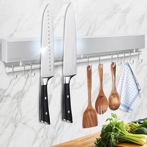 17" Magnetic Knife Holder for Wall, Stainless Steel Knife Magnetic Strip | No Drill with 10 Hooks/Adhesive Tape/Screws, Kitchen Utensil Holder, Magnetic Knife Organizer, Wall Mounted Knife Storage - Image 1