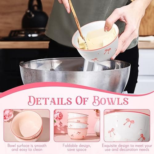 Reallnaive 4 Pcs Pink Bow Ceramic Bowls Set 4.5 Inch Coquette Cute Soup Bowl 12 Ounces Dessert Bowls for Kitchen Side Dishes Ice Cream Rice Soup Snack Cereal, Microwave and Dishwasher Safe thumbnail 5