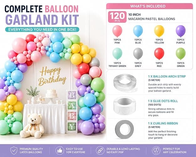 Pastel Balloon Garland Kit 120 Pack – Macaron Pastel Balloons with Strip, Glue Dots & Ribbon, DIY Balloon Arch Kit for Birthday, Baby Shower, Wedding & Party Decorations, 10 Inch Latex Balloons thumbnail 4