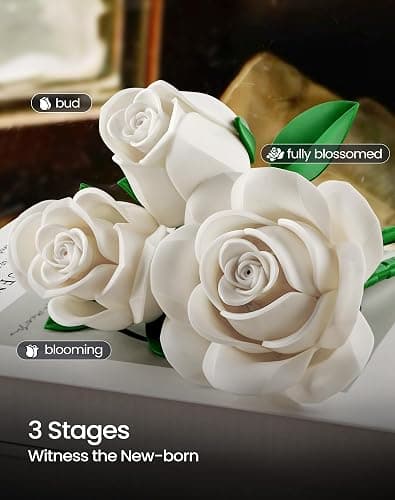 iATOM White Rose Bouquet Building Set, Wedding Artificial Flowers Botanical Collection for Adults Women, Gift for Christmas & Valentines Day - Home Office Table Centerpiece Decor - IA11013 thumbnail 5