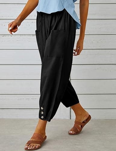 HangNiFang Cotton Linen Capri Pants for Women High Elastic Waisted Drawstring Cropped Pants with Pockets thumbnail 5