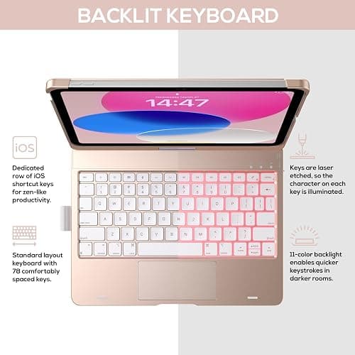 typecase Touch iPad 11th 10th Generation Case with Keyboard (11" 2025, A16 & 10.9" 2022) – 360° Rotatable, 11-Color Backlit, Multi-Touch Trackpad, Pencil Holder, Thin & Light – Rose Gold thumbnail 3