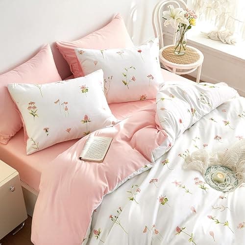 Wake In Cloud - Floral Comforter Set, Cottagecore Cute Aesthetic Watercolor Tiny Flowers and Leaves, Soft Lightweight Bedding for Women Teen Girls, 3 Pieces, Pink, Full Size thumbnail 5