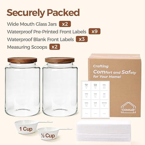 ComSaf Flour Storage Containers with Acacia Wood Lids 1Gallon 2Pack | 4.2Qt Large Glass Jar, for Cooks, Flour Cereal Rice Oats, Kitchen Pantry, 4.4in Wide Mouth, Canister with Scoops & Labels thumbnail 9