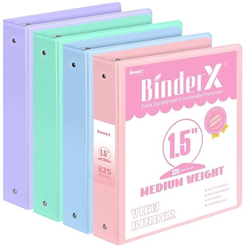 4 Pack Extra Durable 3 Ring Binders 1.5 Inch, Sooez 1.5” Three Ring Binder, Eco-Friendly & PVC Free, Customizable Clear View Cover for Letter Size 8.5 x 11'' Paper, School Office Supplies for Girl - Pastel - 1.5 Inch - Image 1