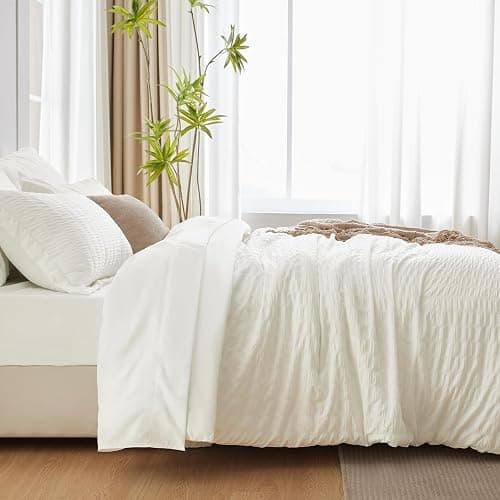 CozyLux Full Size Comforter Sets with Sheets Seersucker 7 Pieces Ivory Bed in a Bag Textured Luxury Soft Bedding Set with Down Alternative Comforter, Sheets, Pillowcases & Shams for All Seasons thumbnail 9