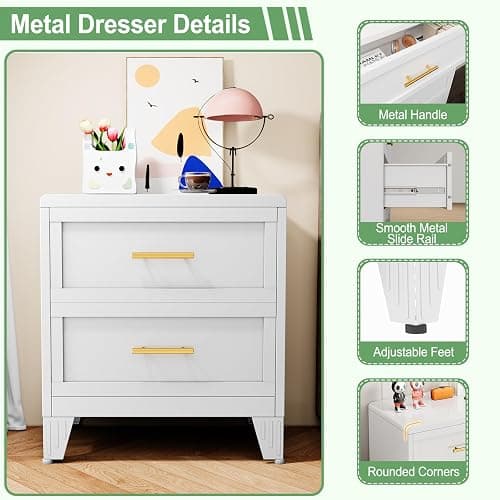 Ckzbx Metal Dresser Narrow Dresser for Bedroom Chest, 26.42" H Drawer Chest, Closet Dressers & Chests of Drawers for Living Room, Hallway (2 Drawers White 24inch Wide) thumbnail 4