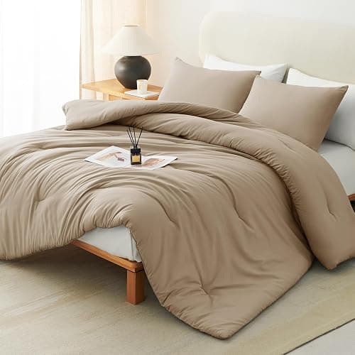 CozyLux Comforter Full Size Set Taupe, 3 Pieces Solid Lightweight Soft Bed Set for All Season, Luxury Breathable Quilted Style Microfiber Down Alternative Bedding Sets (1 Comforter & 2 Pillowcases) - Image 1