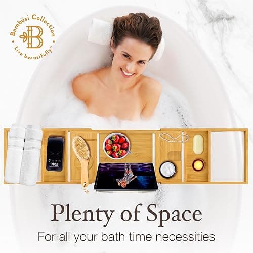 Bathtub Tray Caddy - Premium Bamboo Expandable Bath Tub Tray Table, Luxurious Wooden Bath Caddy for Books, Tablets, Wine, Bathroom Accessories, Spa Essentials, Housewarming, Wedding - Bamboo thumbnail 7