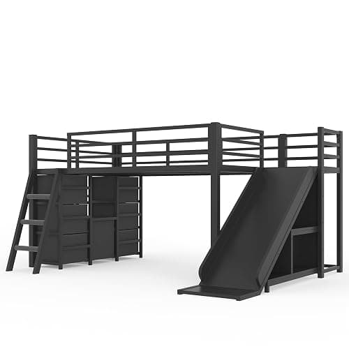 Bellemave Twin Size Loft Bed with 7 Non-Woven Fabric Drawers, Shelves and Wardrobe, Twin Loft Bed with Detachable Slide and Ladders, Low Profile Loft Beds with Lights, Noise Reduced Design Black thumbnail 9