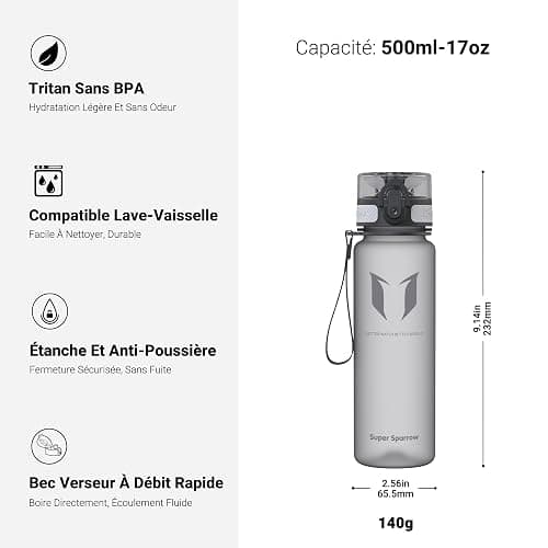 Sparrow Gourde Sport 500ml/750ml/1L - sans BPA - Tritan Plastique Bouteille | Étanche, Gourdes eau, Légère, Lave-vaisselle, Flip Top 1-Clic, Ergonomique, École, Sport, Fitness, Gym, Running, Randonnée thumbnail 3