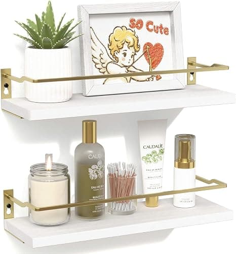 RICHER HOUSE Bathroom Shelves, Small Floating Wall Shelf for Bathroom Decor, Wall Mounted Wood Shelves, Bathroom Organizer Over Toilet Storage, Guard-Rail Kitchen Shelves Set of 2 - White Gold thumbnail 2