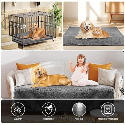 Onarway Waterproof Dog Blanket for Sofa: Washable Pet Bed Blanket Sofa Cover Protector for Dogs Cats - Anti-Slip Sherpa Fleece Throw Puppy Blanket for Bed Furniture Car Chair Floor - 120x152cm Grey thumbnail 6