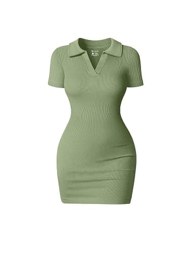 OQQ Women's Mini Dresses Sexy Ribbed Short Sleeve Tummy Control Bodycon Mini Dress - Image 1