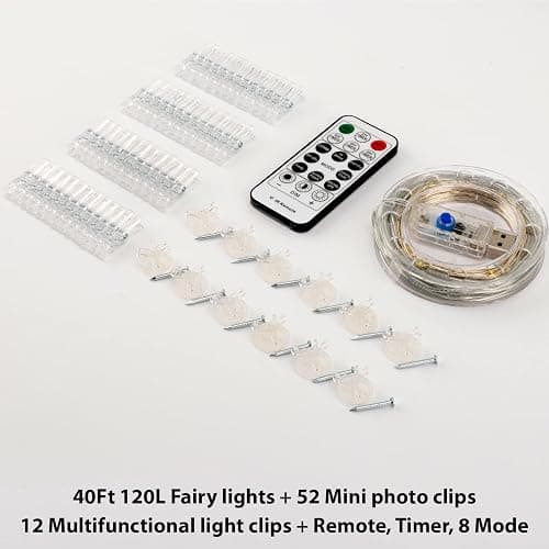 HXWEIYE 120LED Warm White 40Ft Fairy String Light with 52 Clear Clips & 12 Hooks, USB Powered, Waterproof, 8 Modes & Timer, Perfect for Indoor/Outdoor, Bedroom, Party, Wedding Decor thumbnail 7