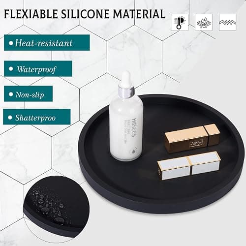 Silicone Bathroom Tray Round Vanity Tray Decorative Soap Holder Kitchen Countertop Organizer Coffee Table Decor for Candle, Perfume, Plant, 9 Inch, Black thumbnail 5