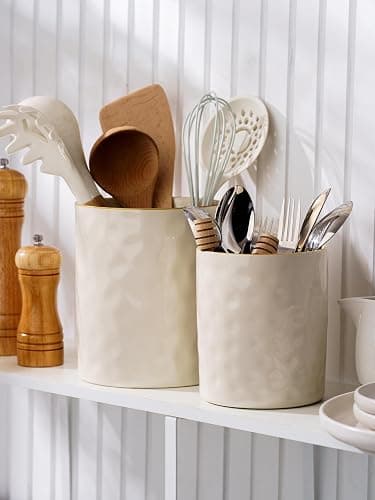 famiware Ocean Utensil Holder, 7.2"+5.8" Ceramic Kitchen Utensil Holder for Countertop, Cooking Utensil Crocks, Utensil Organizer for Spatula & Spoon, Kitchen Decor, Set of 2, Vanilla White - Vanilla White thumbnail 6