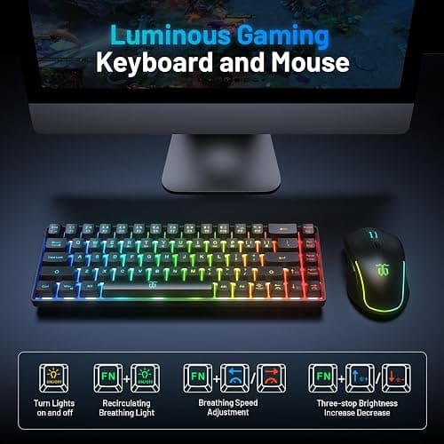 Snpurdiri 60% Wireless Gaming Keyboard and Mouse Combo,LED Backlit Rechargeable 2000mAh Battery,Small Membrane But Mechanical Feel Keyboard + Popular RGB Mice for Gaming,Business Office thumbnail 3