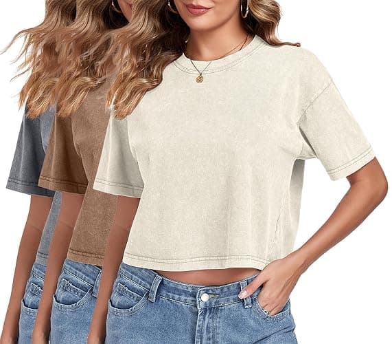 Womens Crop Tops Acid Wash Short Sleeve T-Shirts Casual Round Neck Basic Tees Baggy Summer Shirts - Image 1
