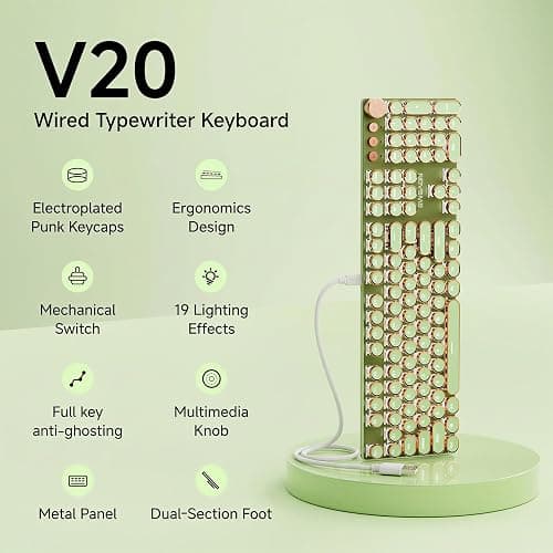 EWEADN Typewriter Style Mechanical Keyboard, Wired Typewriter Keyboards,104 Keys Backlit LED Metal Keyboards, Media Control Knob, Wired Computer Keyboard Pink Switch for Windows/Mac/PC-Green thumbnail 3