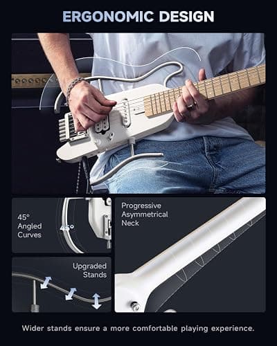 Donner HUSH-X Electric Guitar Kit - Featherlight Travel Guitar with Easy Assemble Stands, Great for Travel and Practice, Mahogany Solid Body, Gig Bag, All Accessories, Metallic White thumbnail 4
