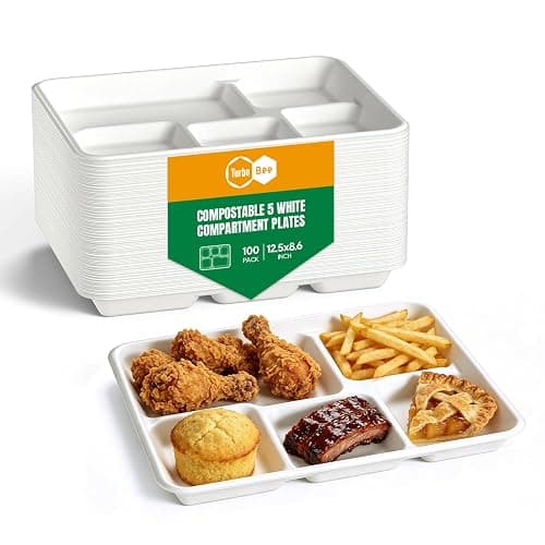 Turbo Bee Disposable 5 Compartment Plates, 100Pack Bagasse Divided Paper Trays, Heavy Duty Serving Plates for School Lunch, Meal Prep, Picnic and Buffet - Image 1