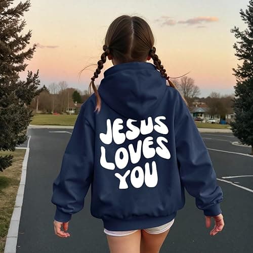 Kelxjia Christian Jesus Loves You Hoodie For Teen Girls Cute Graphic Hoodies Kids Bible Verse Faith Sweatshirt God Pullover thumbnail 5