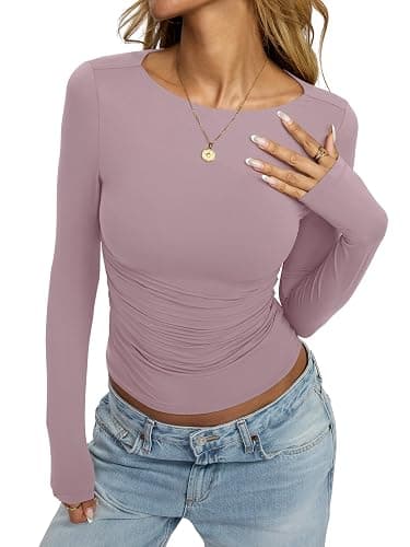 EasyGala Womens Boat Neck Long Sleeve Shirts Ruched Double Lined Top Fitted Basic Tight Tee Spring Fall Clothes 2025 thumbnail 3