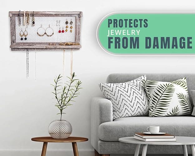 Comfify Rustic Jewelry Organizer – Wall Mounted Jewelry Holder w/Removable Bracelet Rod, Shelf & 16 Hooks – Perfect Earrings, Necklaces & Bracelets Holder – Rustic White thumbnail 7