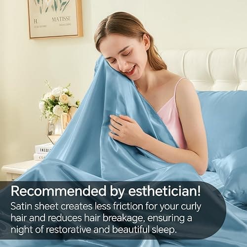 BEDELITE Satin Sheets Queen Size Bed Set, Airy Blue, 4 Pieces | Luxury Silky Bed Sheets, 15 Inch Deep Pocket, Similar to Silk, Soft and Cooling, Reduces Friction, Gentle on Hair and Skin thumbnail 4