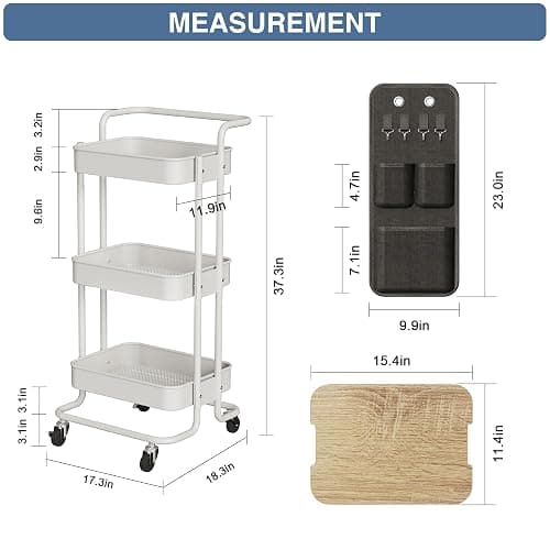 DTK 3 Tier Metal Utility Rolling Cart with Table Top and Side Bags, Metal Tray Storage Organizer Cart with Wheels, Art Craft Cart with 4 Hooks for Kitchen Bathroom Office Living Room (White) thumbnail 3