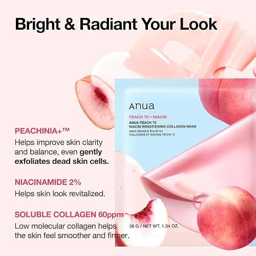 ANUA Peach 70 Niacin Brightening Collagen Mask, Overnight Face Mask for Glass Skin, Niacinamide, Collagen Facial Mask, Glow up with Hydration, Natural Color, Korean Skin Care (38g, 4ea) thumbnail 3