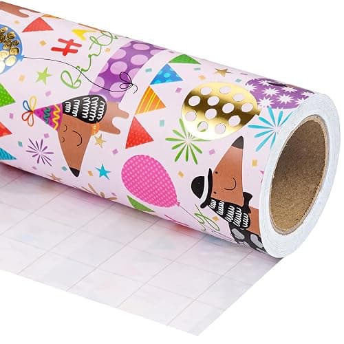 WRAPAHOLIC Dog Birthday Wrapping Paper - Mini Roll - 17 Inch x 16.5 Feet - Gold Foil Dachshund Dogs and Happy Birthday Wrapping Paper for Girl Boy Kids, Baby Shower thumbnail 2