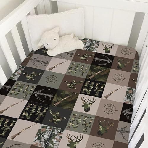 Hunting Patchwork Baby Crib Sheets for Boys Camouflage Deer Duck Hunt Soft Snug Fitted Crib Mattress Covers for 52''x28'' Standard Crib & Toddler Mattress Boy Men Hunting Lovers Gift Bed Sheets - Image 1