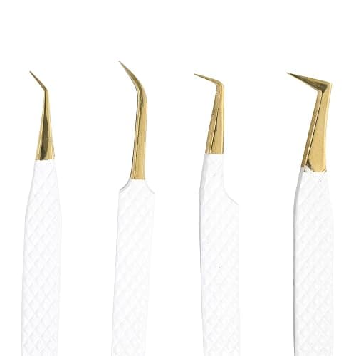 M LASH Tweezers for Eyelash Extensions (Set of 4) - Professional Lash Extension Tweezers - Fiber Tip, Japanese Steel, Diamond Grip Eyelash Extension Tweezer set (White) thumbnail 2
